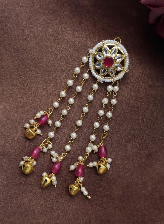 Twinsho Traditional Pearl Drop Clip, Gold-Plated with Beads and Ghungroo Bells, Bridal Hair Accessories, Traditional Kundan Pearl Drop Hair Clip for Women (Red) - Image 3