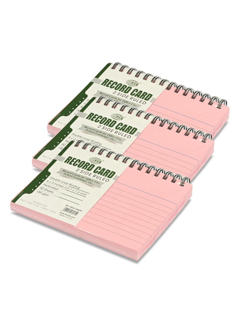 FIS® Ruled Record Cards, Size:5"x3" Inches (127x76mm), Double Loop Spiral Binding, Two Sides Single Ruled, 180gsm, Perforated, 50 Sheets Per Pad, Packet of 3 Pieces, Pink Color-FSIC53-180SPPI-3 - Image 1