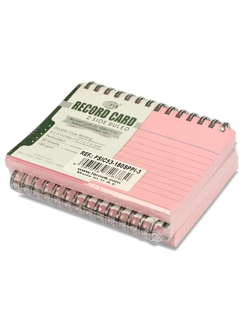 FIS® Ruled Record Cards, Size:5"x3" Inches (127x76mm), Double Loop Spiral Binding, Two Sides Single Ruled, 180gsm, Perforated, 50 Sheets Per Pad, Packet of 3 Pieces, Pink Color-FSIC53-180SPPI-3 - Image 2