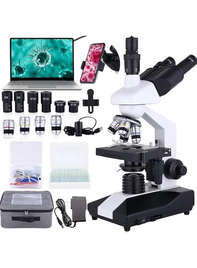 Arabest Compound Trinocular Microscope 40X-5000X Magnification, Research Grade Professional Microscope, Two Levels of Mechanical Stage LED Illumination, USB Video Camera with Microscope for Adults - Image 1
