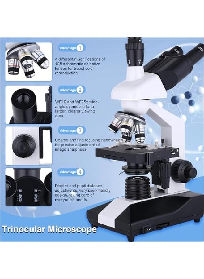 Arabest Compound Trinocular Microscope 40X-5000X Magnification, Research Grade Professional Microscope, Two Levels of Mechanical Stage LED Illumination, USB Video Camera with Microscope for Adults - Image 4