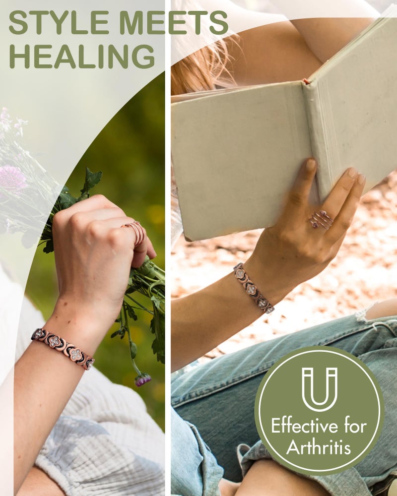 Feraco Pure Copper Bracelets & Rings for Women, Ultra Strength Magnetic Bracelet for Women with Neodymium Magnets & Sparkling Cubic Zirconia, Adjustable, Wellness Jewelry - Image 2