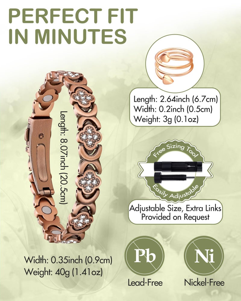 Feraco Pure Copper Bracelets & Rings for Women, Ultra Strength Magnetic Bracelet for Women with Neodymium Magnets & Sparkling Cubic Zirconia, Adjustable, Wellness Jewelry - Image 4