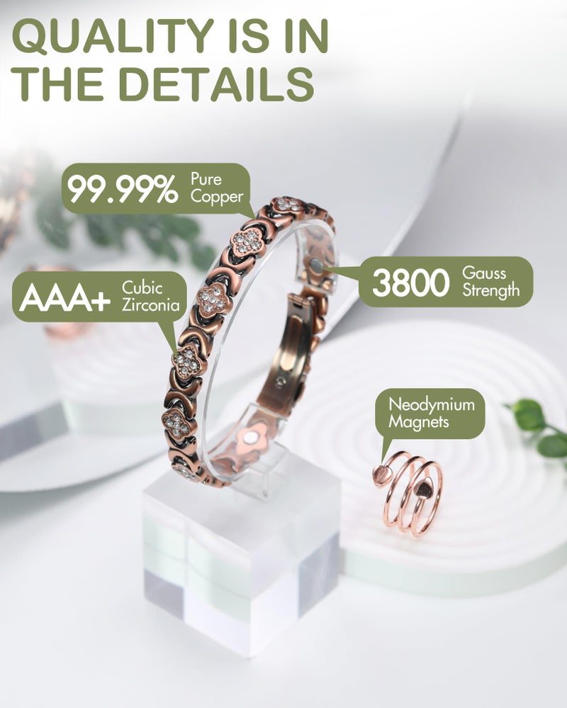 Feraco Pure Copper Bracelets & Rings for Women, Ultra Strength Magnetic Bracelet for Women with Neodymium Magnets & Sparkling Cubic Zirconia, Adjustable, Wellness Jewelry - Image 3