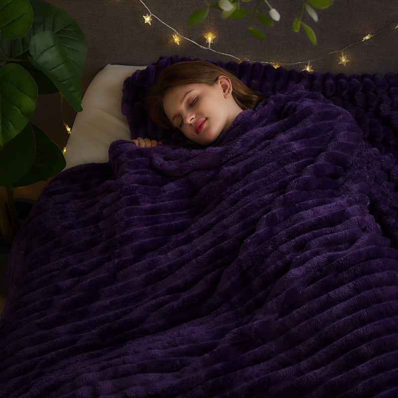 NEWCOSPLAY Super Soft King Blanket Purple Premium Silky Flannel Fleece 3D Ribbed Jacquard Lightweight Bed Blanket All Season Use (Purple Ribbed  King(90""x110"")) - Image 2