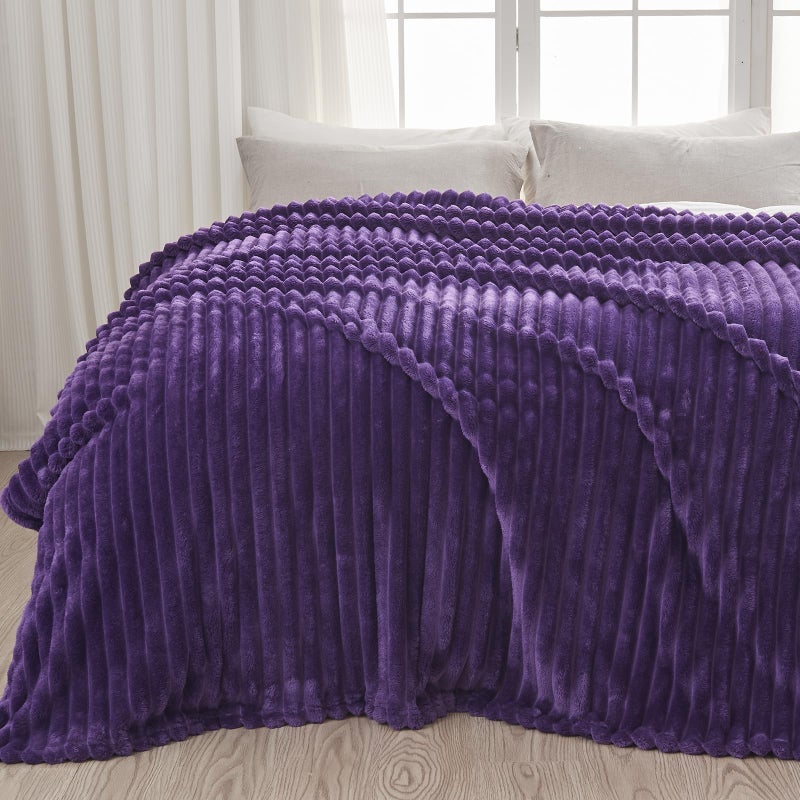 NEWCOSPLAY Super Soft King Blanket Purple Premium Silky Flannel Fleece 3D Ribbed Jacquard Lightweight Bed Blanket All Season Use (Purple Ribbed  King(90""x110"")) - Image 1