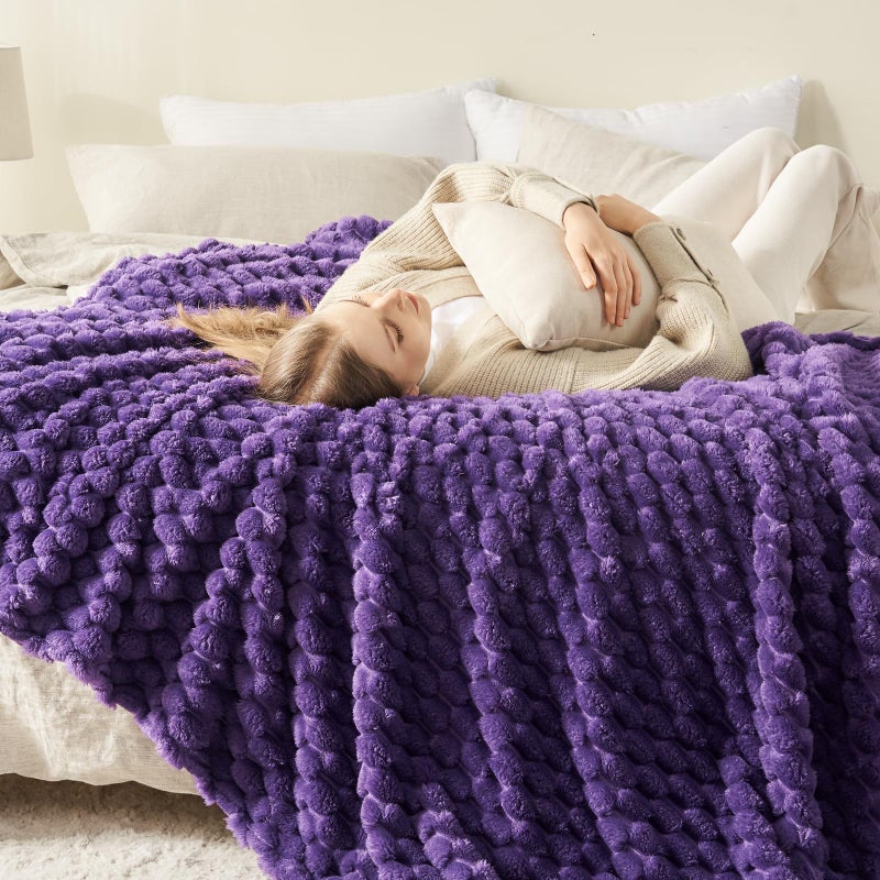 NEWCOSPLAY Super Soft King Blanket Purple Premium Silky Flannel Fleece 3D Ribbed Jacquard Lightweight Bed Blanket All Season Use (Purple Ribbed  King(90""x110"")) - Image 3