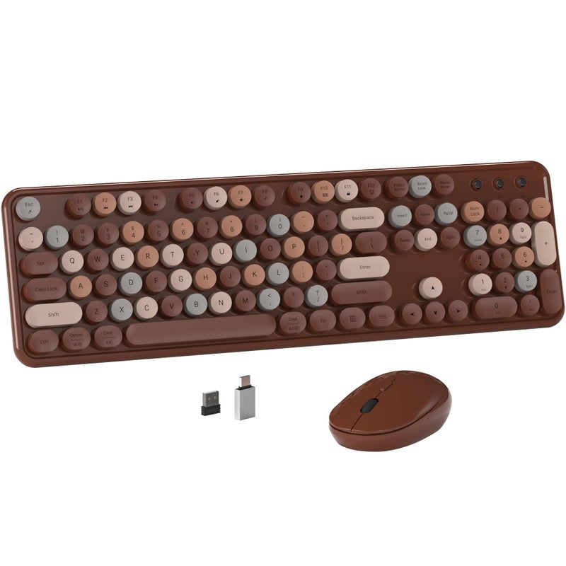 MPTOG Colorful Wireless Computer Keyboard and Mouse Combo with Round Typewriter Keycaps, Retro Design, Power Switch, Ergonomic Design, 2.4GHz Wireless for Windows, Mac, PC(Coffee-Colorful) - Image 1