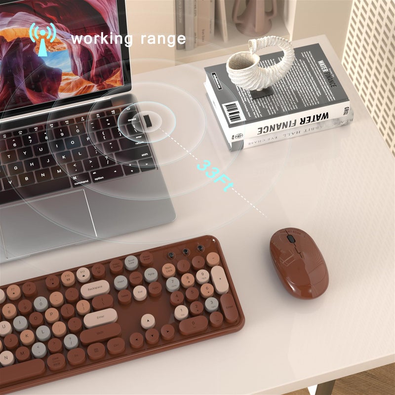 MPTOG Colorful Wireless Computer Keyboard and Mouse Combo with Round Typewriter Keycaps, Retro Design, Power Switch, Ergonomic Design, 2.4GHz Wireless for Windows, Mac, PC(Coffee-Colorful) - Image 4