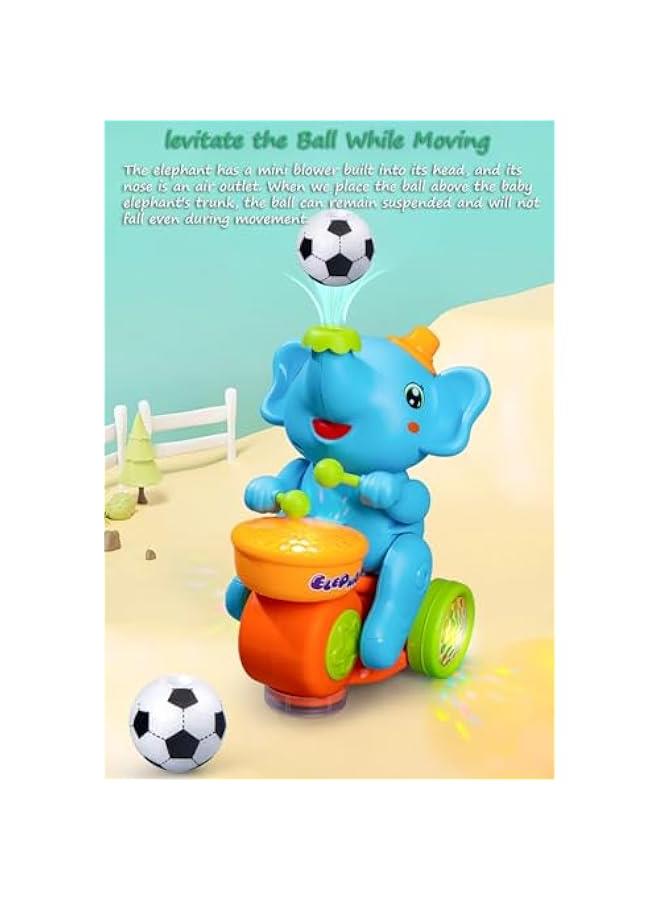 Drumming Elephant Car Toy, Multifunctional Elephant Musical Toy Blow Floating Ball Toy Elephant Tricycle Toy with Universal Wheel, Lights and Music, 2 Foam Balls (Blue) - Image 4