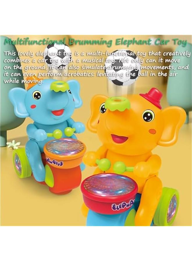 Drumming Elephant Car Toy, Multifunctional Elephant Musical Toy Blow Floating Ball Toy Elephant Tricycle Toy with Universal Wheel, Lights and Music, 2 Foam Balls (Blue) - Image 2