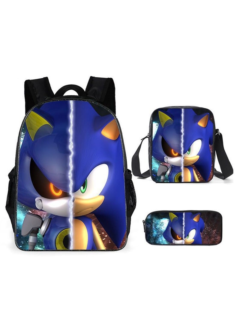 Sonic Primary School Backpack Cartoon Anime Backpack Messenger Bag Pencil Case Three-Piece Set 29*16*42cm