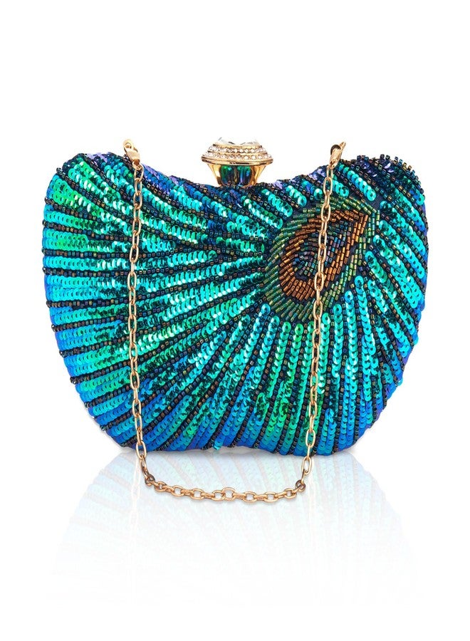 Rkrouco Peacock Clutch Purse Evening Handbags for Womens Vintage Crossbody Shoulder Bags Sequin Feather and Detachable Chains (Blue) - Image 1