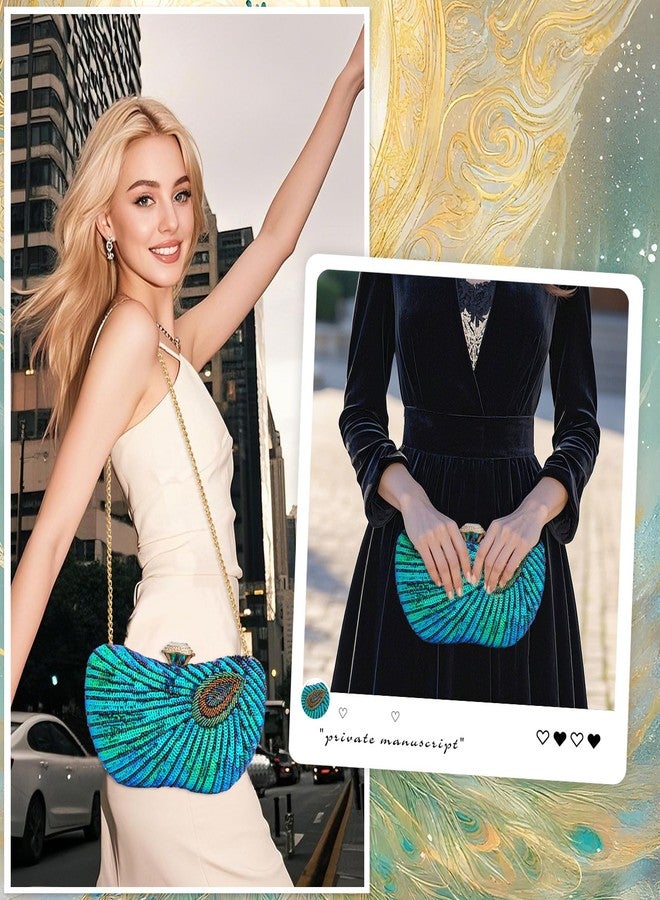 Rkrouco Peacock Clutch Purse Evening Handbags for Womens Vintage Crossbody Shoulder Bags Sequin Feather and Detachable Chains (Blue) - Image 2