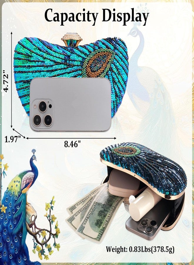 Rkrouco Peacock Clutch Purse Evening Handbags for Womens Vintage Crossbody Shoulder Bags Sequin Feather and Detachable Chains (Blue) - Image 4