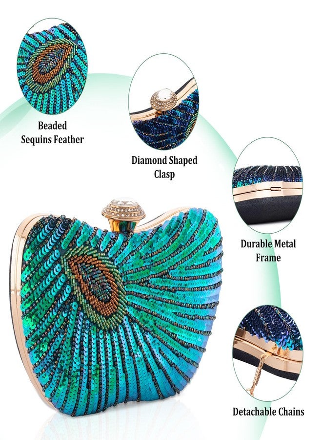Rkrouco Peacock Clutch Purse Evening Handbags for Womens Vintage Crossbody Shoulder Bags Sequin Feather and Detachable Chains (Blue) - Image 5