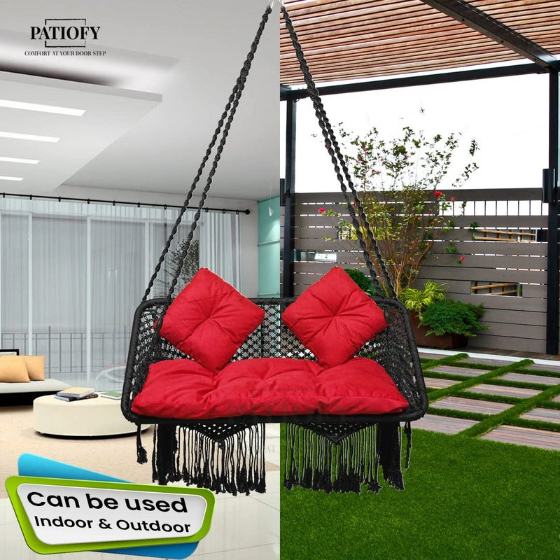 Patiofy أرجوحة باتيوفي المميزة لشخصين للمنزل أرجوحة مزدوجة للبالكون أرجوحة مزدوجة أرجوحة هامة مع مجموعة تعليق 2 وسادة صغيرة 1 وسادة جلوس سوداء - Image 2