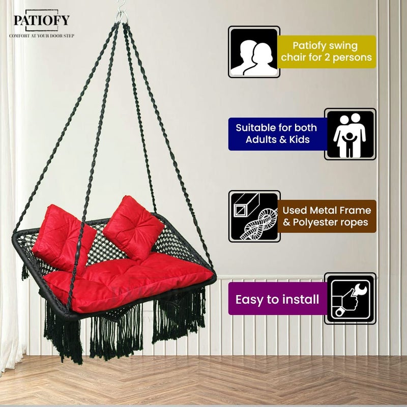 Patiofy أرجوحة باتيوفي المميزة لشخصين للمنزل أرجوحة مزدوجة للبالكون أرجوحة مزدوجة أرجوحة هامة مع مجموعة تعليق 2 وسادة صغيرة 1 وسادة جلوس سوداء - Image 5