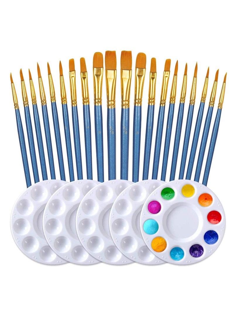 SOLARAE Paint Brushes Palettes Set, 2 Packs/20pcs Round Pointed Tip Nylon Hair Brushes with 5 Paint Palettes for Acrylic Watercolor Oil Gouache Enamel or Birthday Painting Party, Suitable for Adult, Children - Image 1