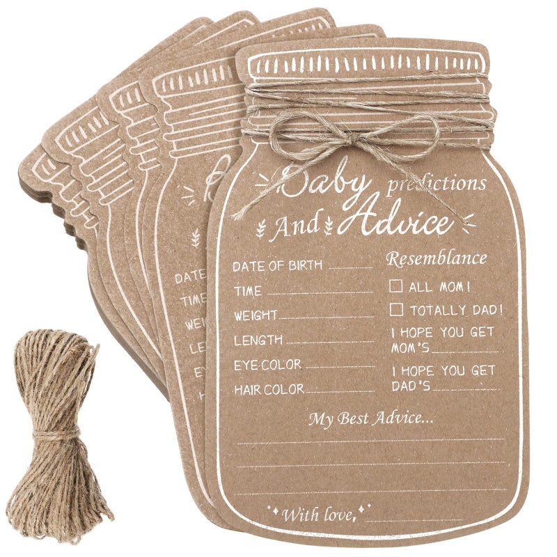 Lincia 50 Pcs Baby Shower Prediction and Advice Cards Mason Jar Advice and Prediction Cards for Baby Shower Gender Reveal Party Supplies Mom Dad Party DecorationsBrown