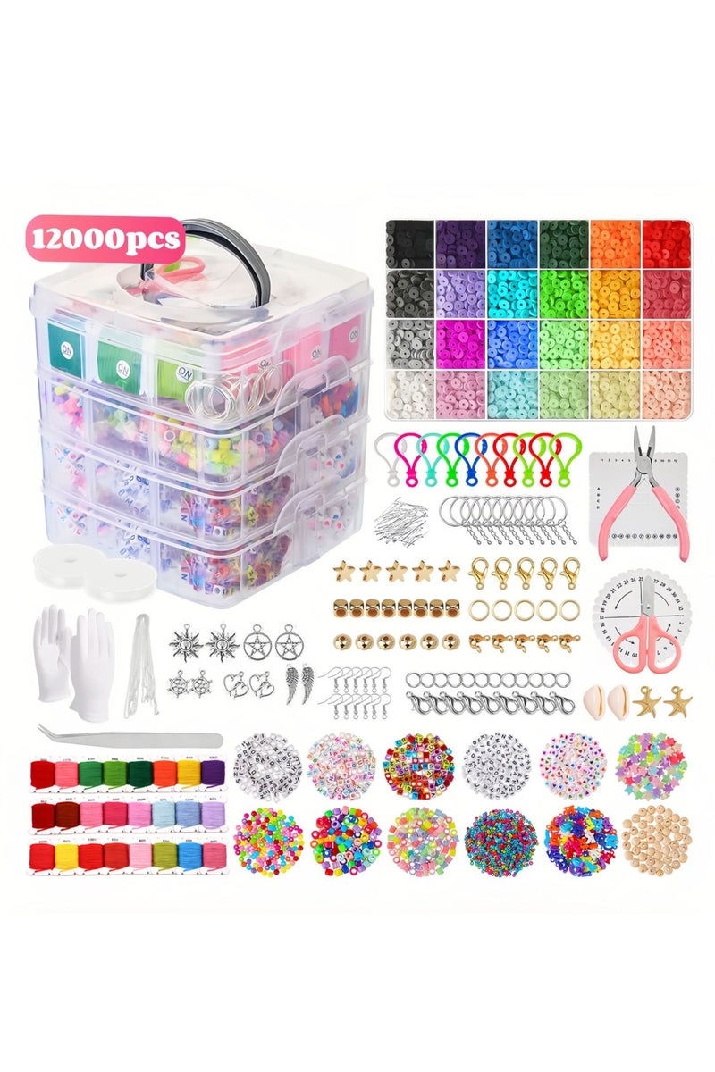 Beads Bracelet Making Kit for Beginners, 12000pcs 24 Colors Polymer Flat Round Clay Beads Kit with 800pcs Letter Beads, Pendant Charms and Elastic Strings for Crafts - Image 1