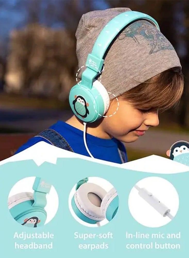 PLANET Kids Wired Headphones, 85dB Volume Limited, Over Ear Foldable Headphones for Travel, School, Adjustable Headband Suitable for Children (Penguin) - Light Blue - Image 3