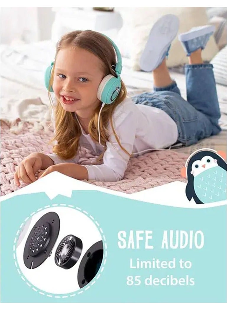 PLANET Kids Wired Headphones, 85dB Volume Limited, Over Ear Foldable Headphones for Travel, School, Adjustable Headband Suitable for Children (Penguin) - Light Blue - Image 2