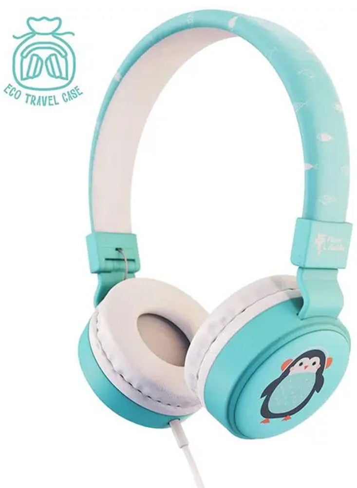 PLANET Kids Wired Headphones, 85dB Volume Limited, Over Ear Foldable Headphones for Travel, School, Adjustable Headband Suitable for Children (Penguin) - Light Blue - Image 1