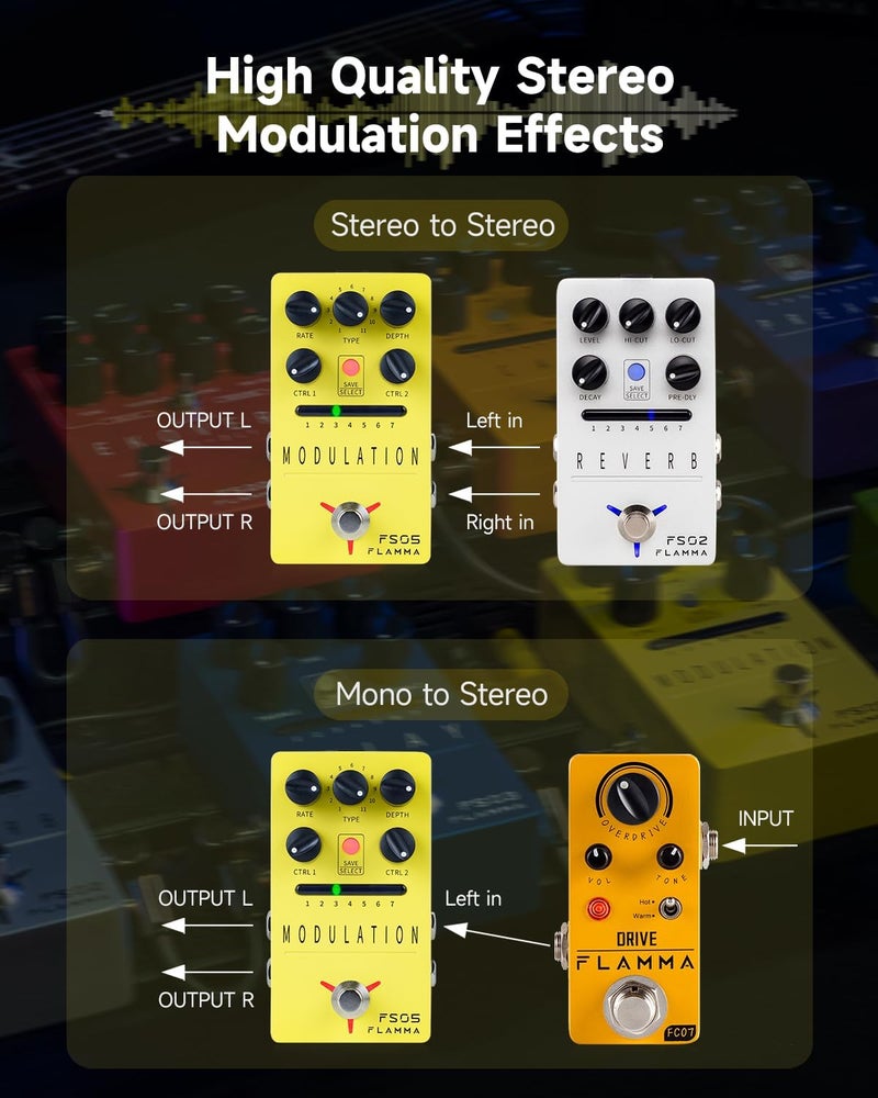 FLAMMA FS05 Multi Modulation Pedal Electric Guitar Stereo Effects Pedal with 7 Storable Slots 11 Modulation Effects True Bypass - Image 2
