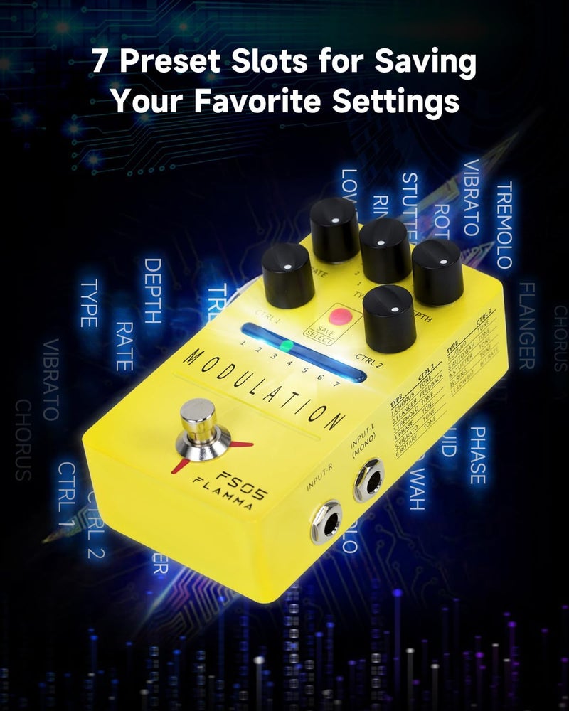 FLAMMA FS05 Multi Modulation Pedal Electric Guitar Stereo Effects Pedal with 7 Storable Slots 11 Modulation Effects True Bypass - Image 5
