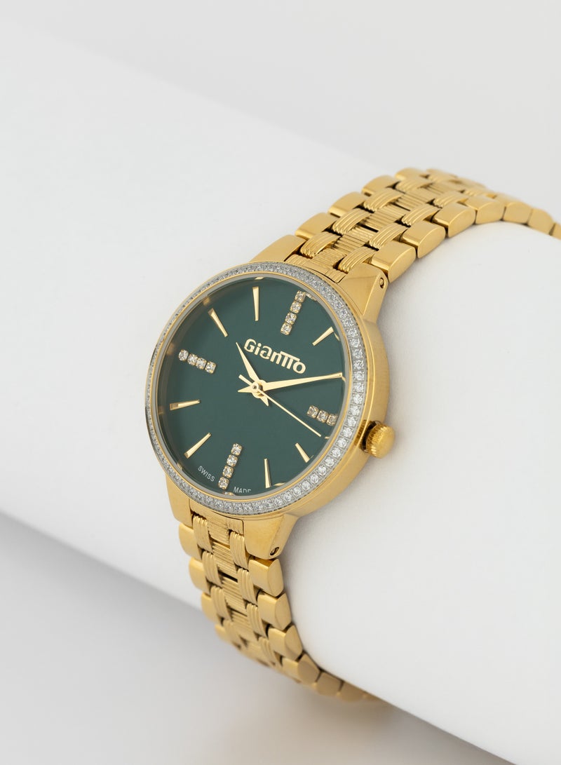 GIANTTO Women's watch, Swiss, Elegant Design, Studded with Zircon Stones, Green Dial, Water And Rust Resistant, Stainless Steel Bracelet, Gold - 117950SLG-1 - Image 1