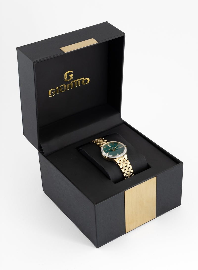 GIANTTO Women's watch, Swiss, Elegant Design, Studded with Zircon Stones, Green Dial, Water And Rust Resistant, Stainless Steel Bracelet, Gold - 117950SLG-1 - Image 3