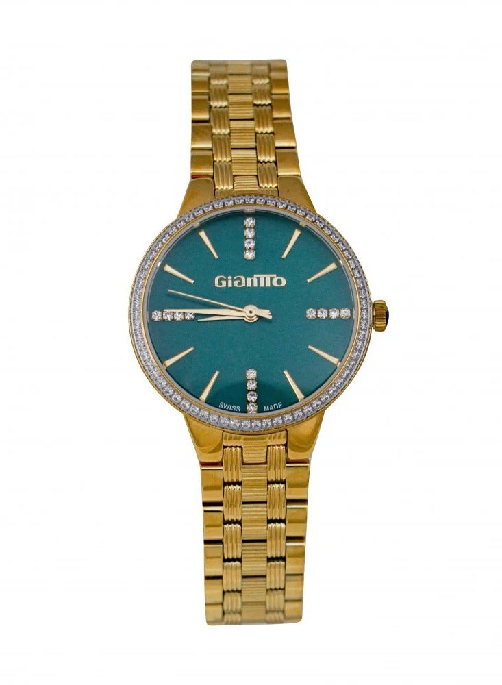 GIANTTO Women's watch, Swiss, Elegant Design, Studded with Zircon Stones, Green Dial, Water And Rust Resistant, Stainless Steel Bracelet, Gold - 117950SLG-1 - Image 2