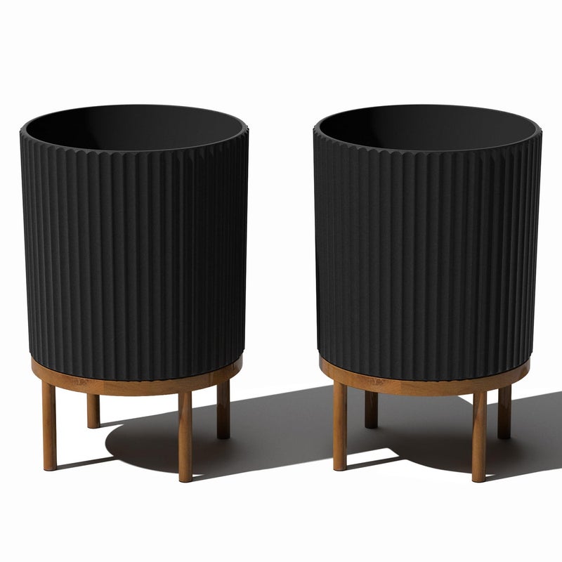 Veradek Demi Series Round Planter wStand for PorchPatio Durable PlasticStone Composite Wooden Stand Modern Dcor for Tall Plants Flowers