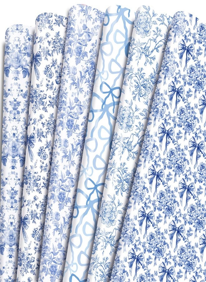 Keluna Blue Bow Flower Wrapping Paper - 12 Pcs Chinoiserie Light Blue Wrapping Paper for Baby Shower Girls Birthday Wedding Bridal Shower Gift Wrap Supplies - Image 1