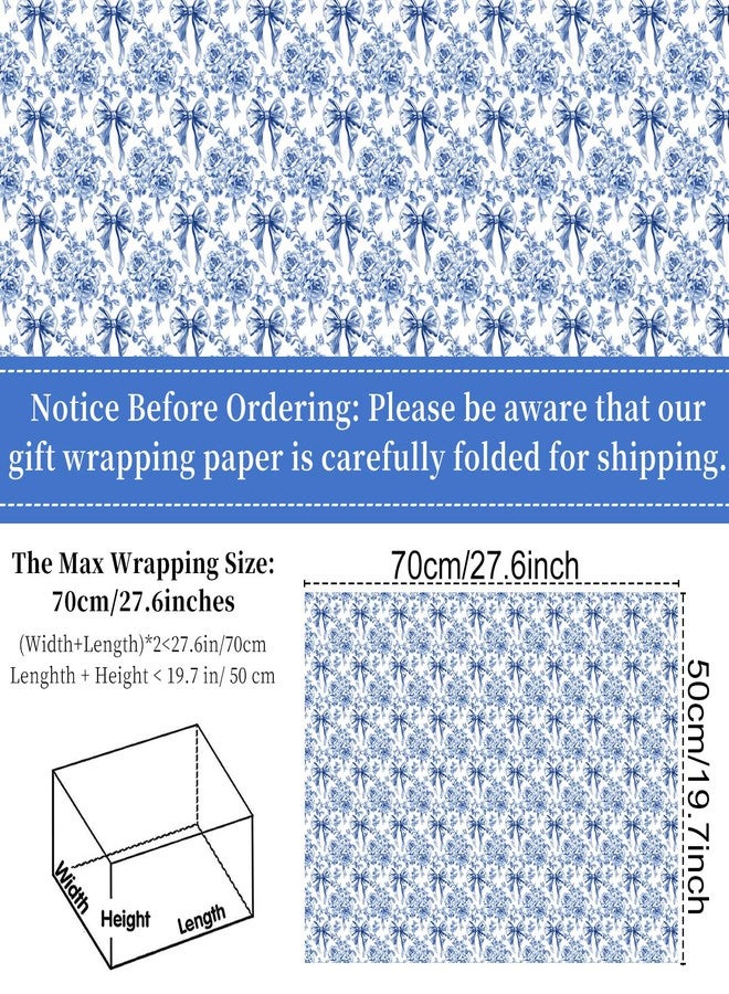 Keluna Blue Bow Flower Wrapping Paper - 12 Pcs Chinoiserie Light Blue Wrapping Paper for Baby Shower Girls Birthday Wedding Bridal Shower Gift Wrap Supplies - Image 3