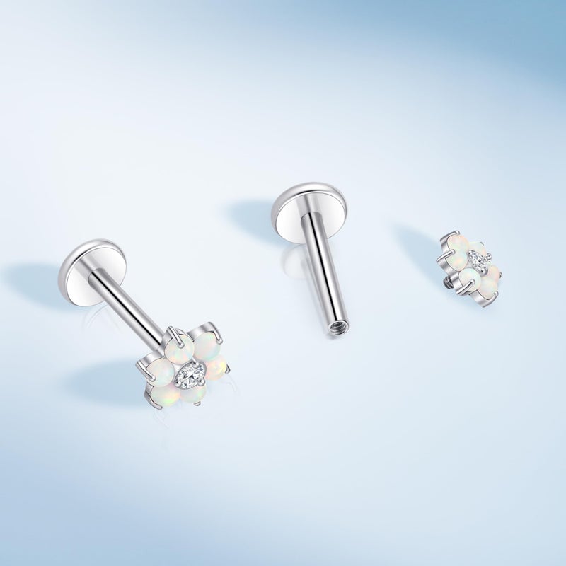 limerencia 18G Titanium Body Piercing Jewelry, 2PC Hypoallergenic Internally Threaded Flat Back Stud Earrings for Tragus/Nose/Helix/Conch/Lip/Labret/Cartilage Earrings for Women Men(Silver,Flower) - Image 5