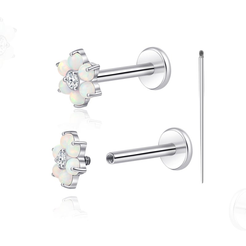 limerencia 18G Titanium Body Piercing Jewelry, 2PC Hypoallergenic Internally Threaded Flat Back Stud Earrings for Tragus/Nose/Helix/Conch/Lip/Labret/Cartilage Earrings for Women Men(Silver,Flower) - Image 1