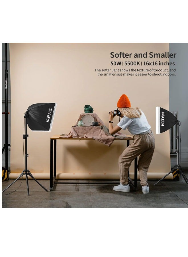 NEELABIL photography lighting,Softbox Lighting Kit, 2 x 16'' x 16'' Photography Studio Equipments with 50W / 5500K / 95 CRI LED Bulbs, Continuous Lighting System for Video Recording and Photography Shooting  - Image 2