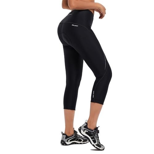baleaf Women's Bike Pants High Waist 4D Padded Cycling Capris Shorts 3/4 Biking Tights Pockets UPF50+ Black L - Image 1