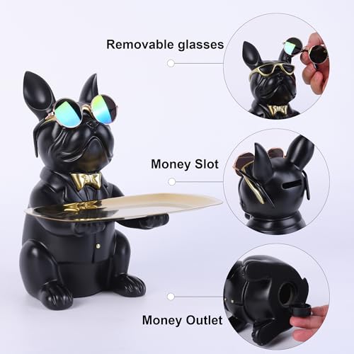 suruim French Bulldog Gifts Key Holder Candy Dish Tray Home Decor Resin Butler Statue Key Bowl Entryway Table Frenchie Dog Sculpture Dining Table Decor Office Small Object Tray (Black) - Image 2
