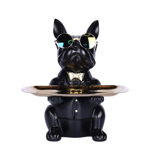 suruim French Bulldog Gifts Key Holder Candy Dish Tray Home Decor Resin Butler Statue Key Bowl Entryway Table Frenchie Dog Sculpture Dining Table Decor Office Small Object Tray (Black) - Image 1
