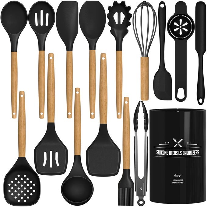 KITCHEN UTENSILS SET 16 PCS COOKING UTENSILS SET WITH HOLDER HEAT RESISTANCE BLACK WOODEN HANDLE SILICONE KITCHEN GADGETS UTENSIL SET FOR NONSTICK COOKWARE