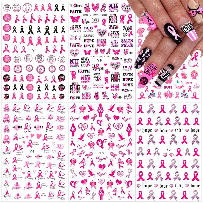 6 Sheets Breast Cancer Nail Art Stickers 3D SelfAdhesive Nail Decals Pink Ribbon Nail Stickers Heart Breast Cancer Awareness Nail Decoration for Women Girls DIY Manicure Tips Nail Charms