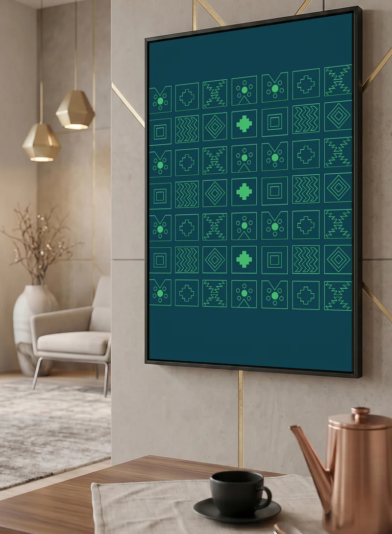 لوحة لوحة كانفاس على إطار خشبي بإطار خارجي أسود بتصميم نمط مستوحى من الطابع السعودي