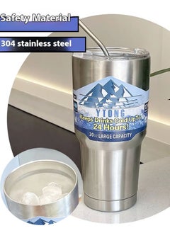 Coffee Cup  Stainless Steel Cup  Leakproof Insulated Thermal Coffee Cup With A Cleaning Brush And A Straw   Hiking Travelling Camping Best for Ice Drinks And Hot Beverages