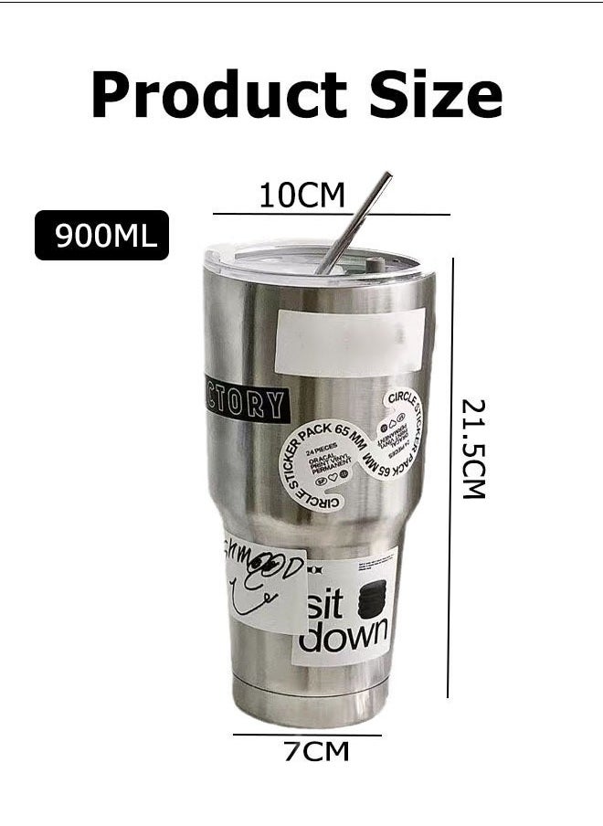 Generic - Coffee Cup  Stainless Steel Cup  Leakproof Insulated Thermal Coffee Cup With A Cleaning Brush And A Straw   Hiking Travelling Camping Best for Ice Drinks And Hot Beverages - Image 1