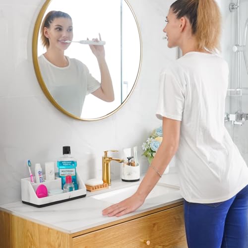 VITVITI Toothbrush Holder for Bathroom, Resin Bathroom Organizer Countertop Sink, Bathroom Counter Organizer Accessories 5 Compartment Storage for Toothpaste/Vanity, White Marble Color - Image 2