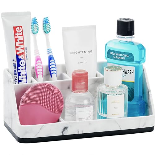 VITVITI Toothbrush Holder for Bathroom, Resin Bathroom Organizer Countertop Sink, Bathroom Counter Organizer Accessories 5 Compartment Storage for Toothpaste/Vanity, White Marble Color - Image 1
