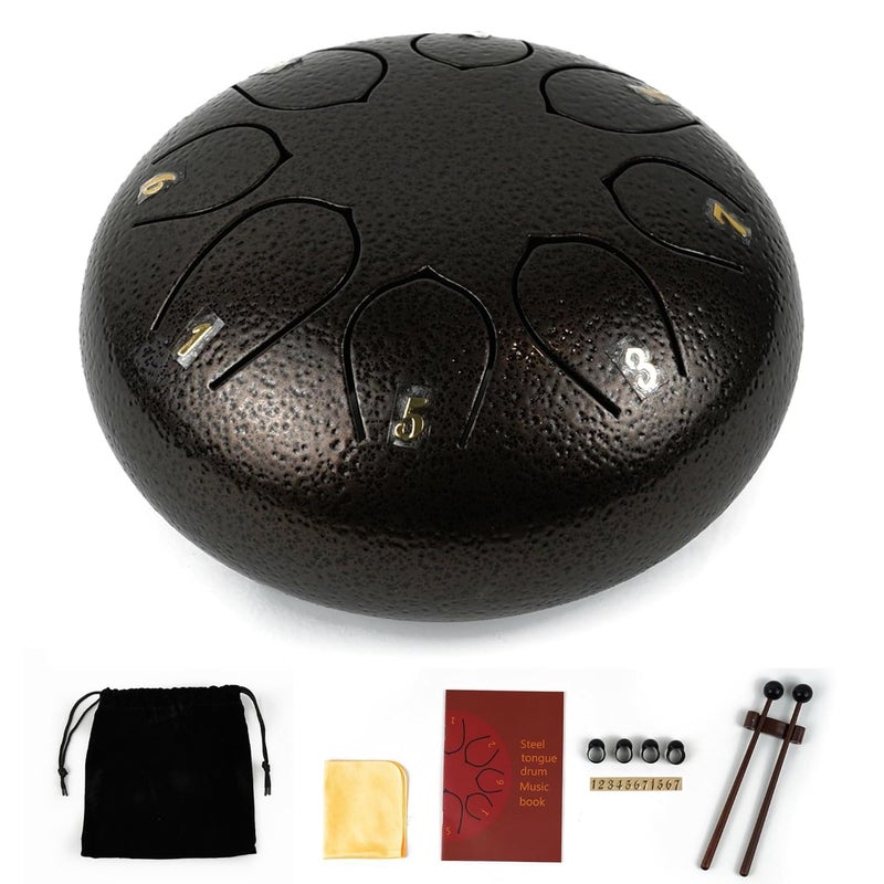 Regis 8 Notes 6 Inch Brown Alloy Steel Tongue Drum – Handpan Percussion Drum for Kids & Adults, Meditation, Yoga, Music Therapy – Includes Mallets, Finger Picks & Travel Bag – Brown - Image 1